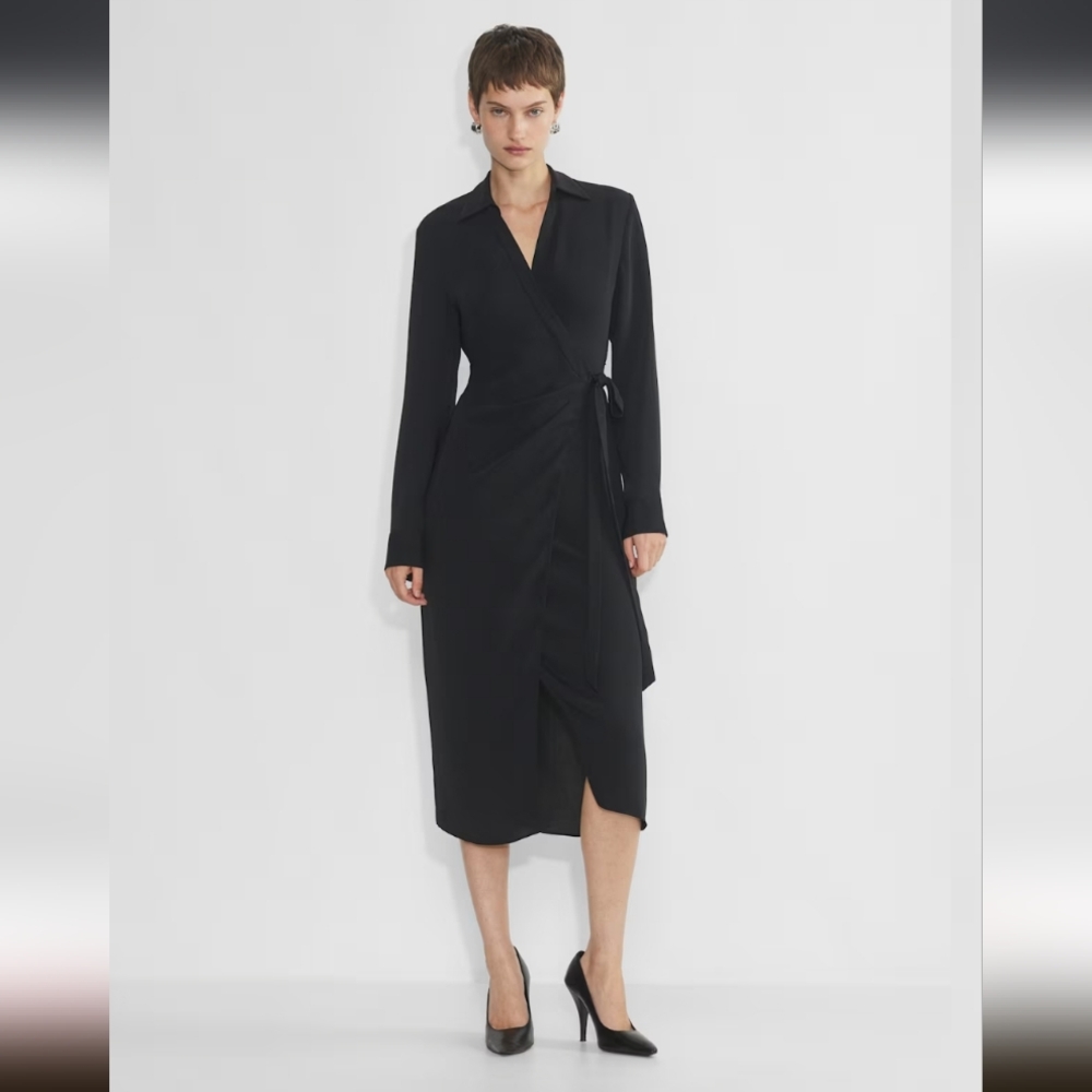 Aritzia Babaton Petra Matte satin wrap tie midi dress BLACK SZ Small S NWT